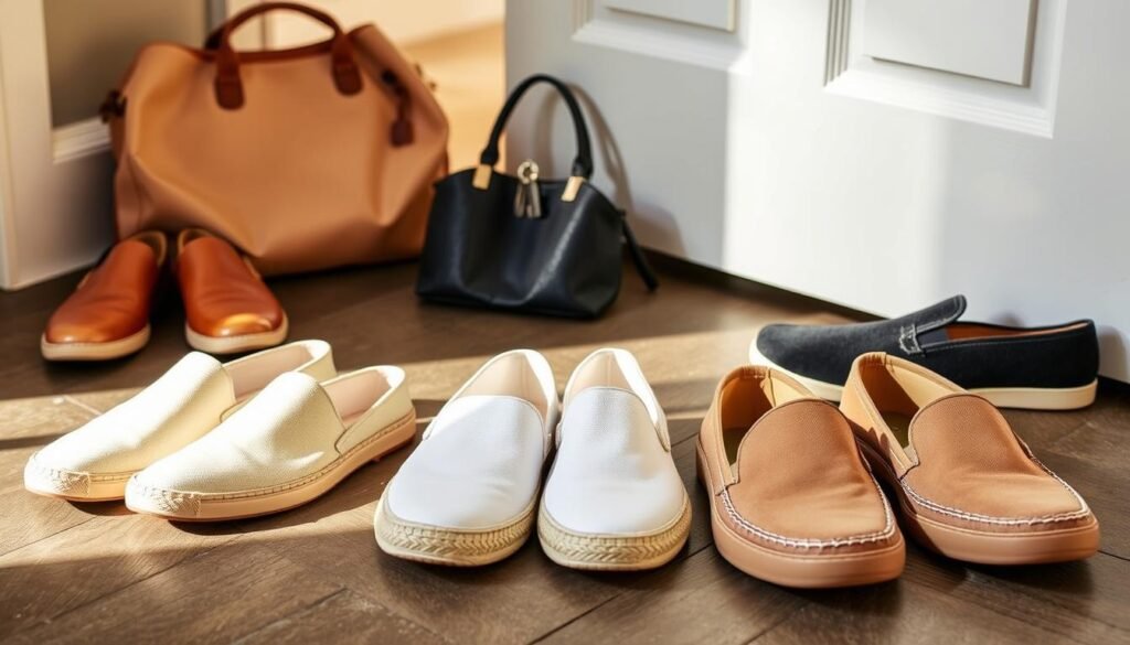 Various slip-on shoe styles including mules, espadrilles, and slip-on loafers arranged in a lifestyle setting