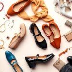 Various styles of Mary Jane shoes arranged in a flatlay with different outfit accessories