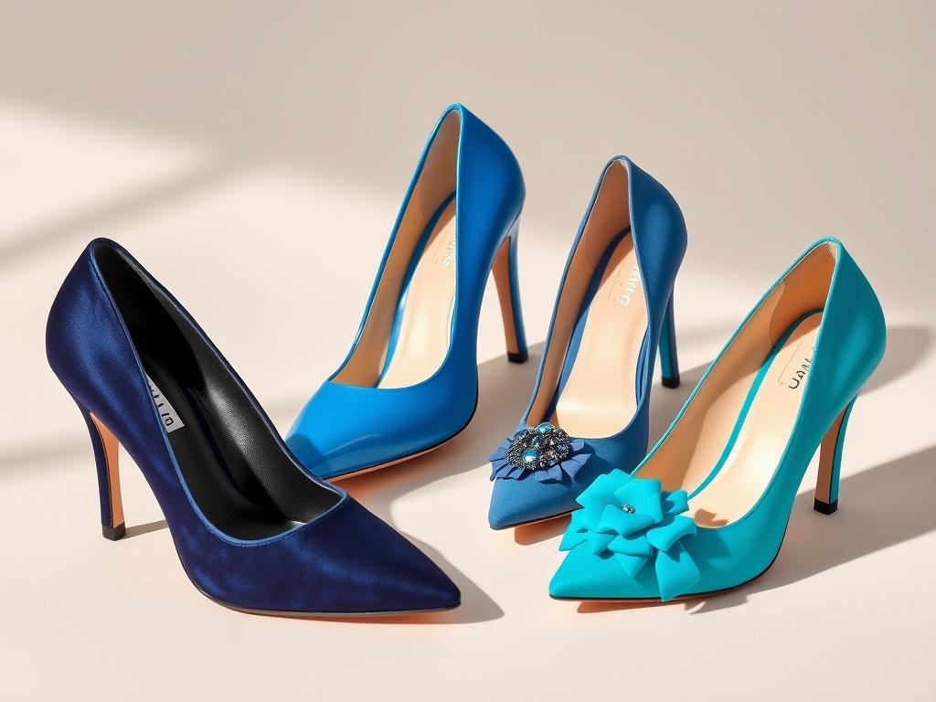 Various styles of blue heels from navy pumps to turquoise statement shoes