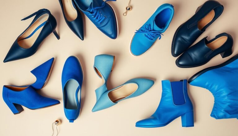 Various styles of blue shoes arranged in a stylish flat lay including sneakers, heels, and loafers