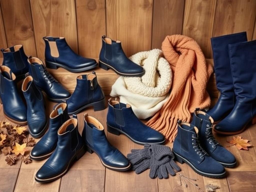 Various styles of navy blue boots for men and women arranged for fall/winter season