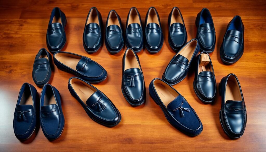 Various styles of navy blue loafers for men and women displayed on wooden surface