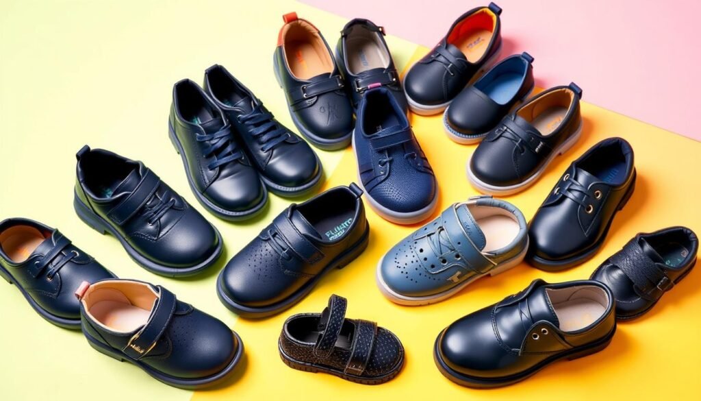 Various styles of navy blue shoes for children of different ages