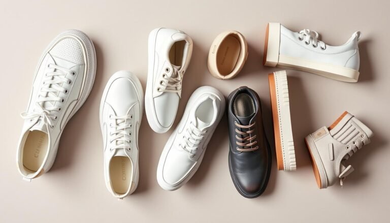 Various styles of off white shoes arranged in a stylish flat lay