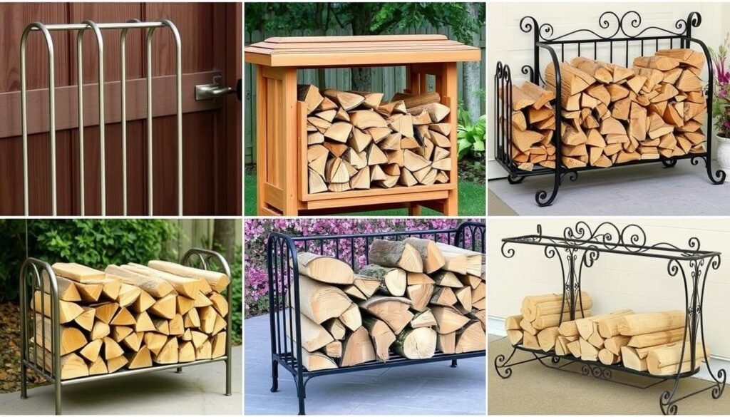 Various styles of outdoor firewood racks including metal and wooden options