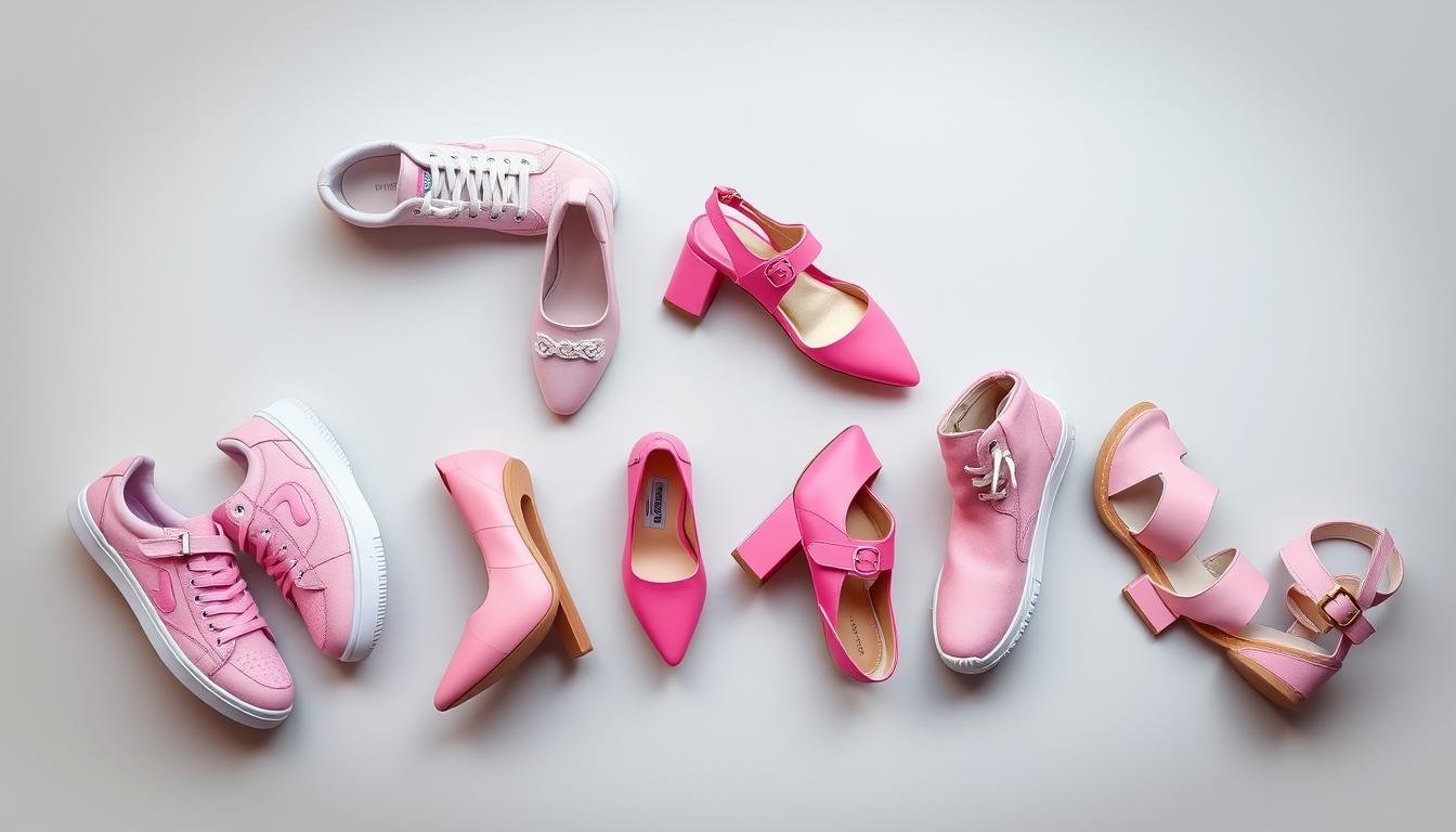 Various styles of pink shoes arranged in a stylish flat lay including sneakers, heels, and boots