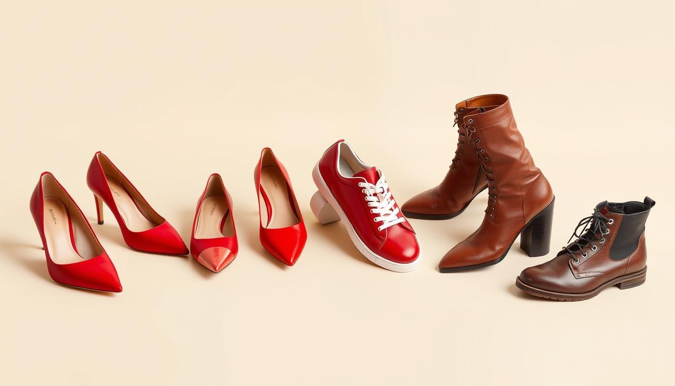 Various styles of red shoes including heels, flats, sneakers, and boots arranged on a neutral background
