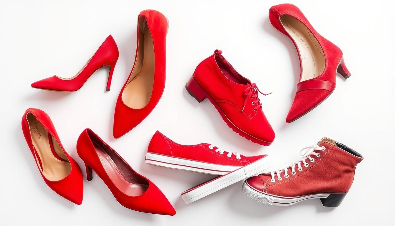 Various styles of red shoes including heels, flats, sneakers, and boots arranged on a white background
