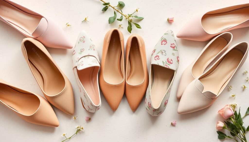 Various styles of spring flats including ballet flats, loafers, and pointed-toe designs in spring colors