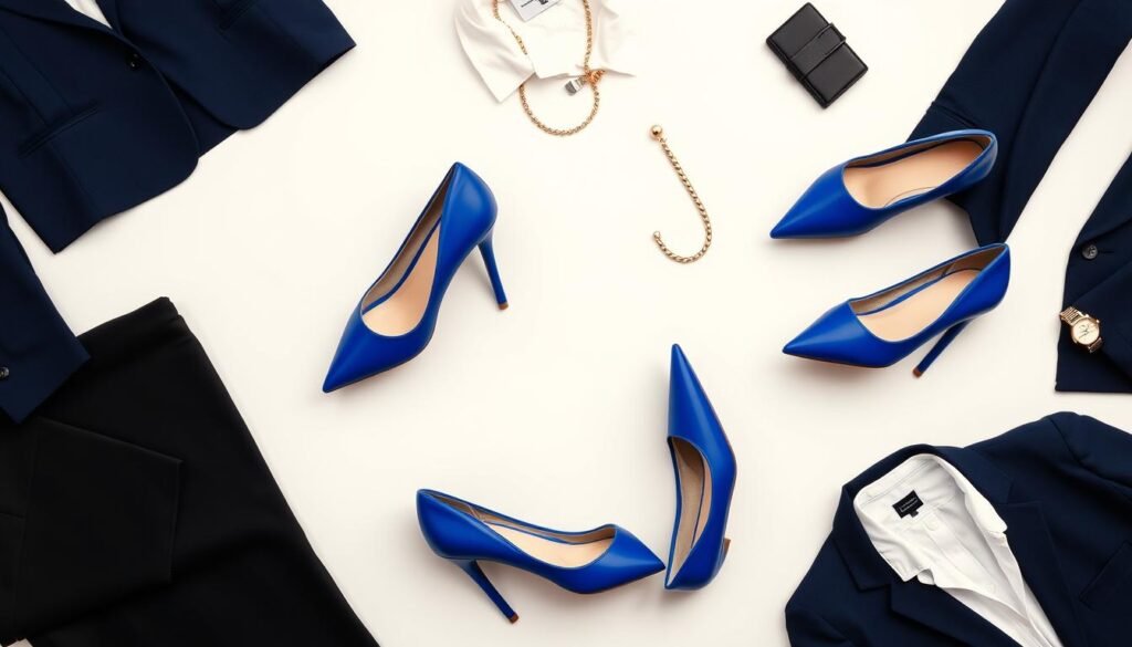 Various styling options for blue heels with different professional outfits