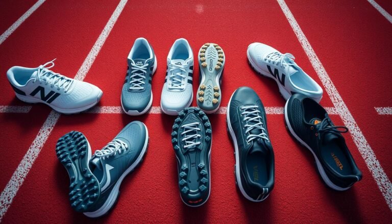 Various track shoes displayed on a track surface showing different spike configurations