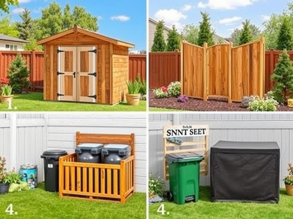 Various types of garbage can storage outdoor options displayed in a yard setting Various types of garbage can storage outdoor options displayed in a yard setting