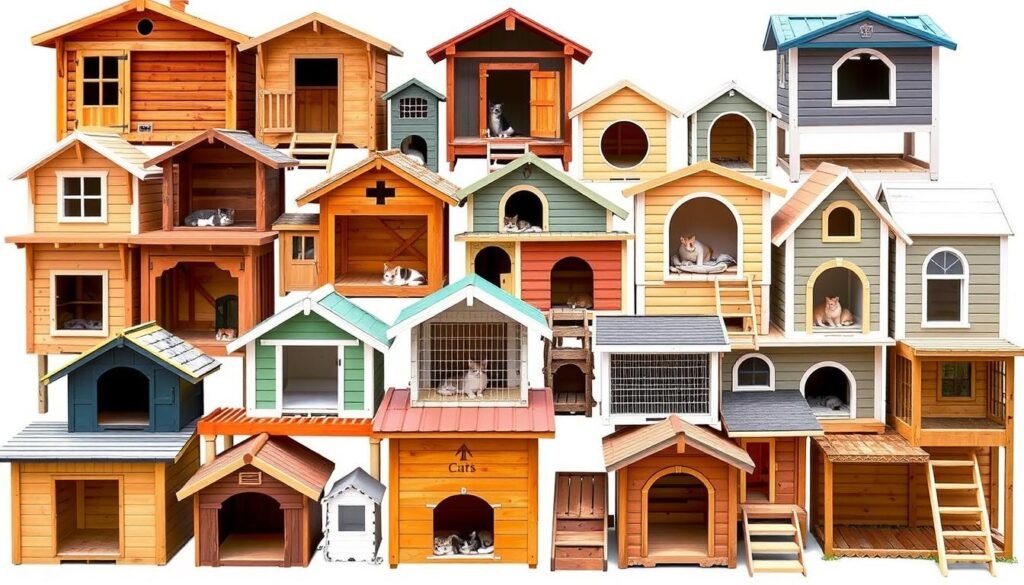 Various types of outdoor cat houses displayed together showing different styles and materials