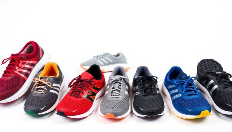 Various types of running shoes arranged in a row showing different designs for road, trail, and stability running