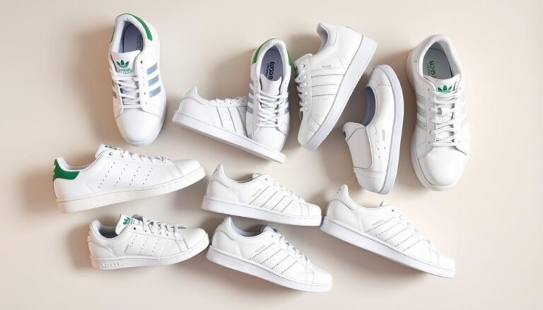 Various white Adidas shoes displayed in a collection showing different models including Stan Smith, Superstar, and Ultraboost white adidas shoes