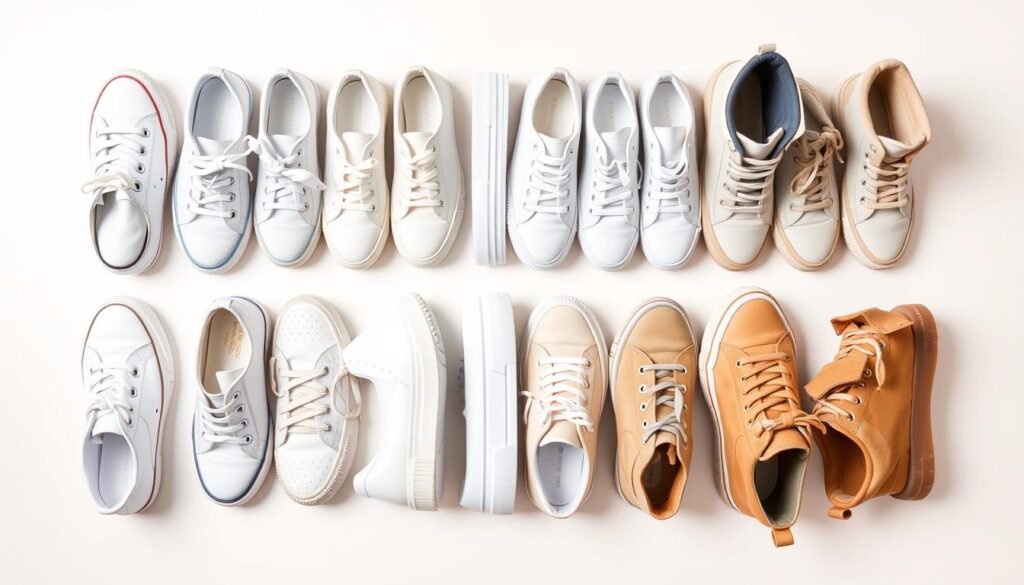 Various white shoes of different materials lined up after cleaning