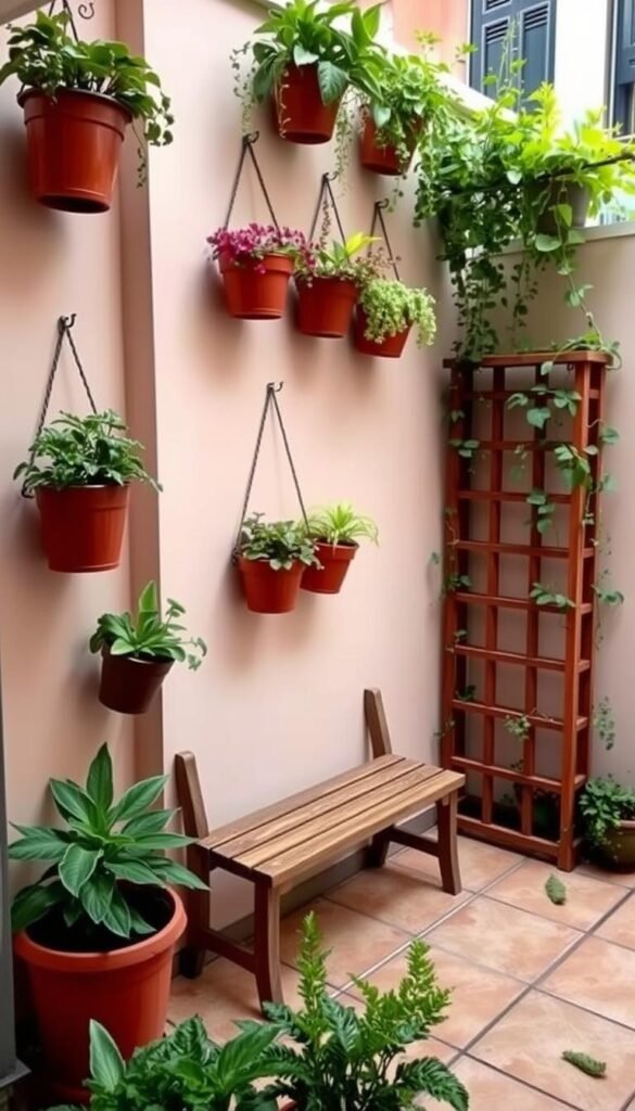 Vertical garden on small outdoor patio with hanging plants and wall planters