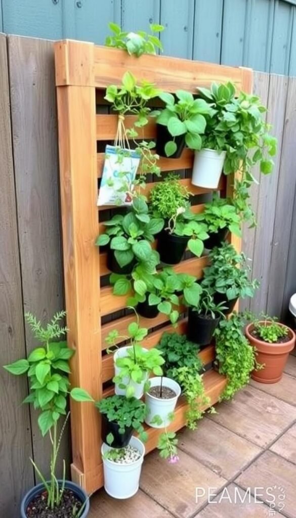 Vertical garden using repurposed items on small outdoor patio