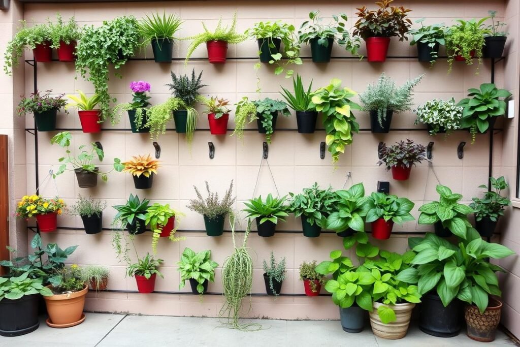 Vertical garden wall with various plants creating a living wall on a patio