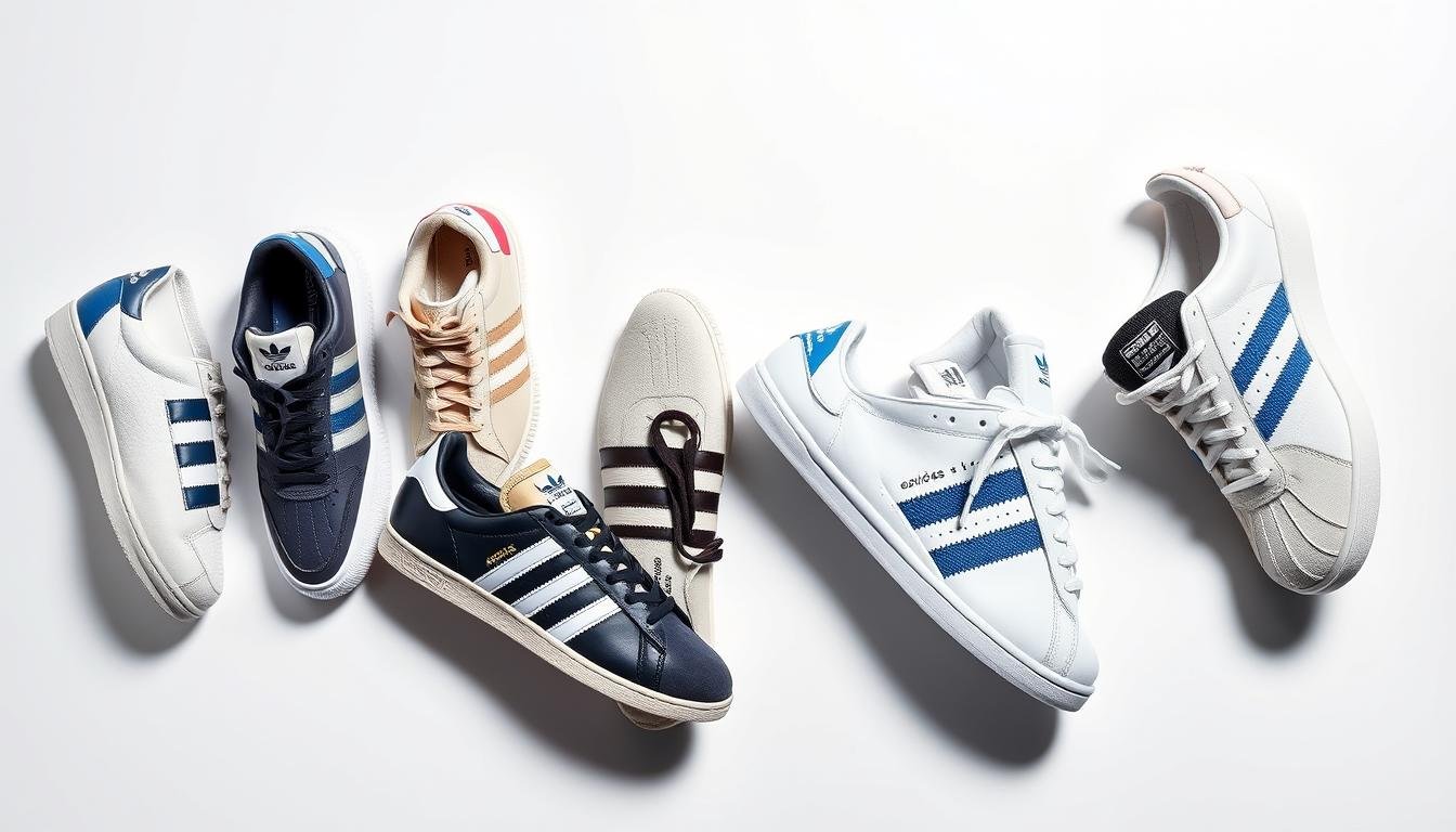 Vintage and modern Adidas shoes showing the evolution of the brand's iconic three stripes design