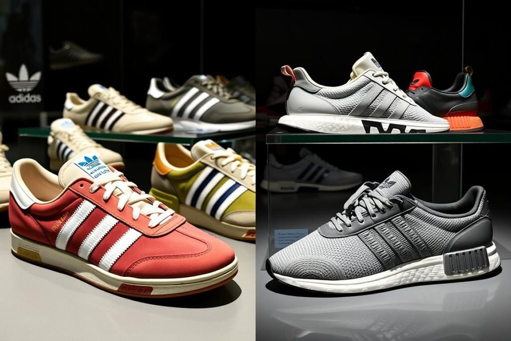 Vintage and modern adidas shoes mens models showing the brand's evolution over decades