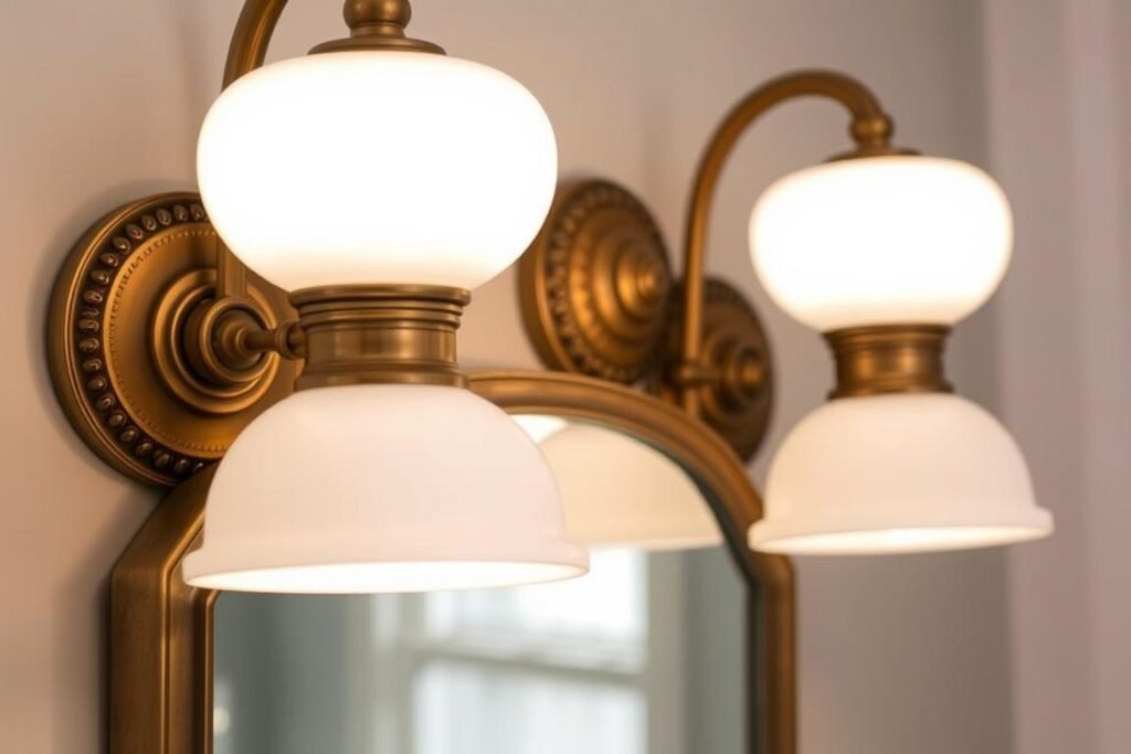 Vintage-inspired bathroom sconces with milk glass shades