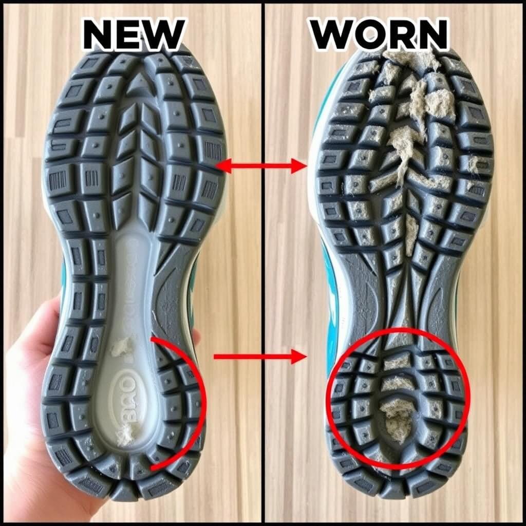 Visual comparison between new Hoka shoes and worn Hoka shoes showing signs of wear that indicate replacement is needed