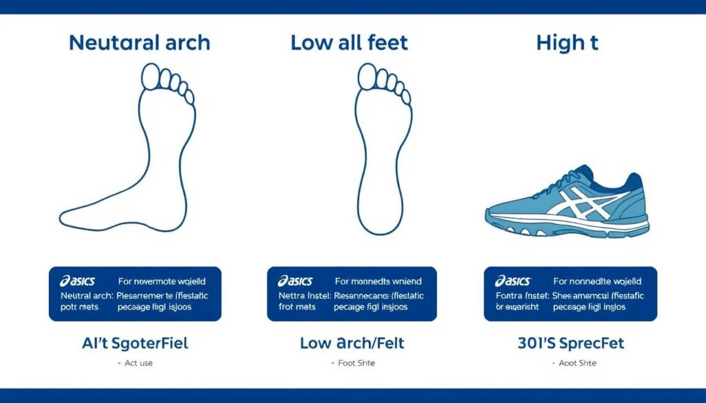 Visual guide showing different foot types and corresponding ASICS shoe recommendations