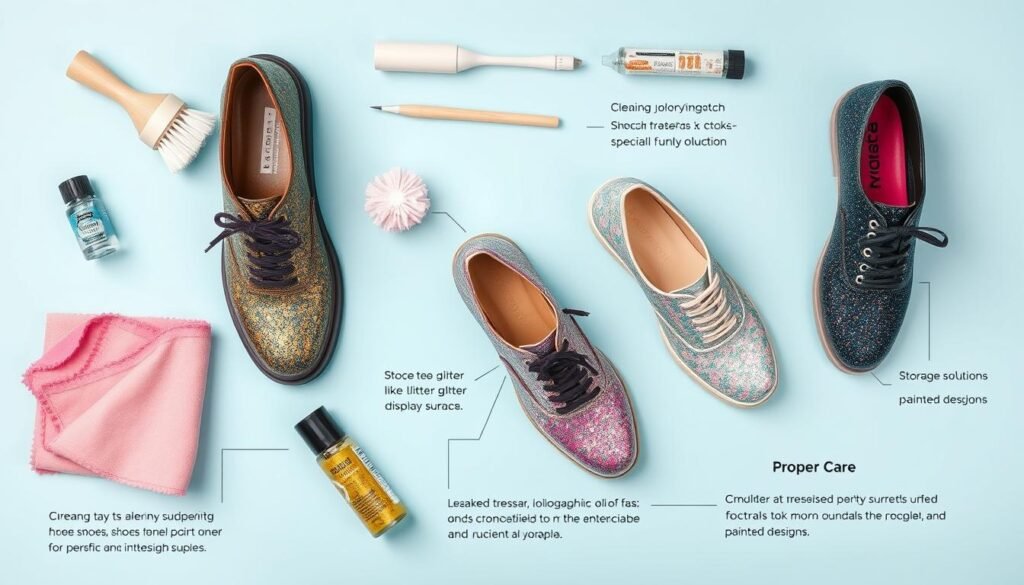 Visual guide showing proper care techniques for different types of funky shoes