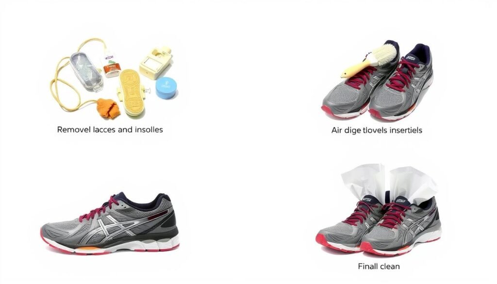 Visual guide showing proper cleaning and care techniques for ASICS shoes