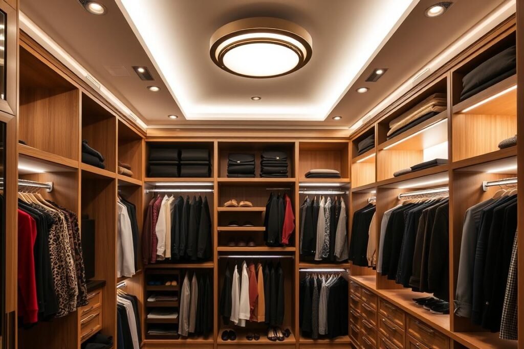 Walk-in closet with layered lighting including ceiling fixture, LED strips, and accent lighting