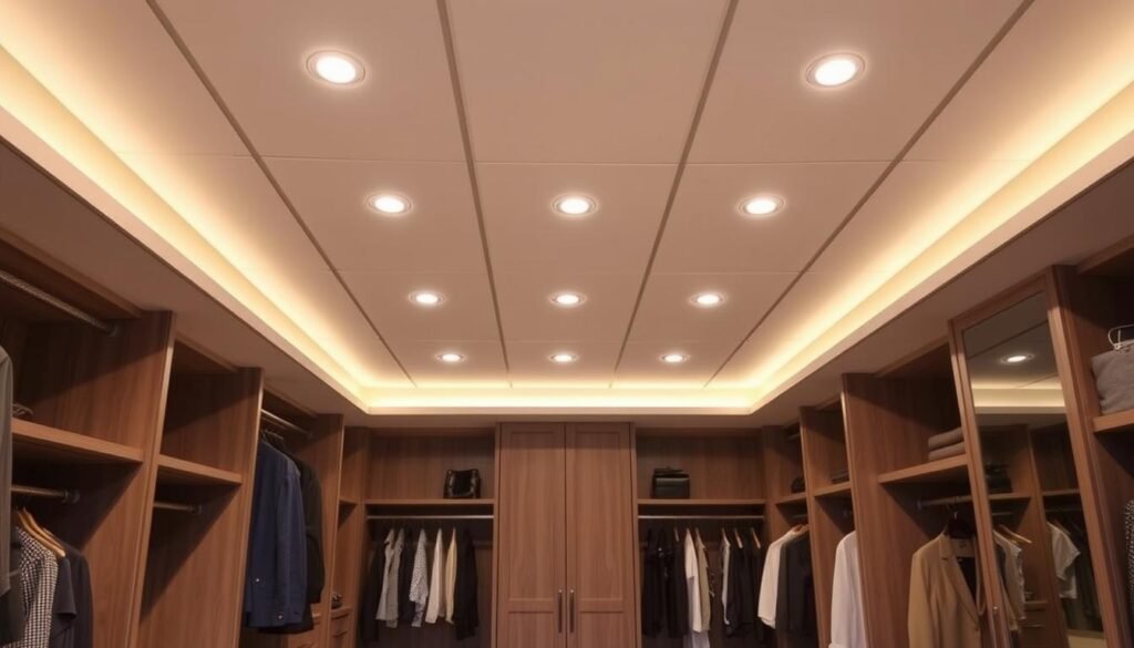Walk-in closet with recessed ceiling lights providing even illumination throughout the space