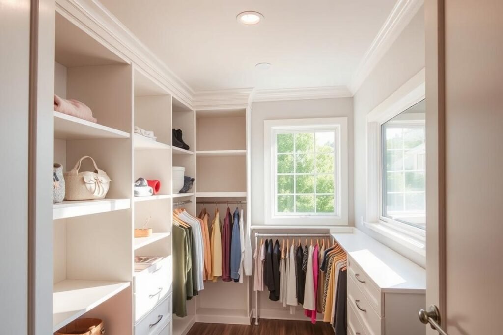 Walk-in closet with window providing natural daylight complemented by artificial lighting