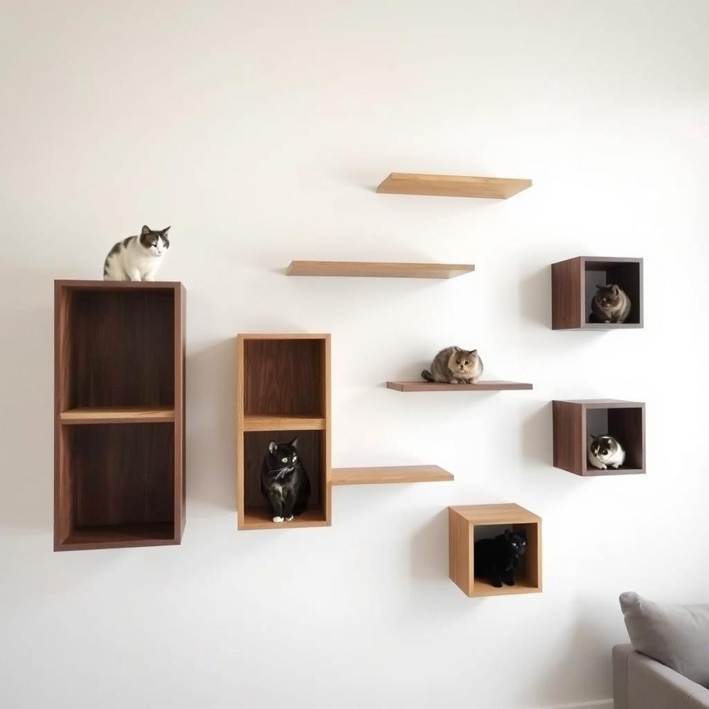 Wall-mounted cat shelves creating a vertical playground