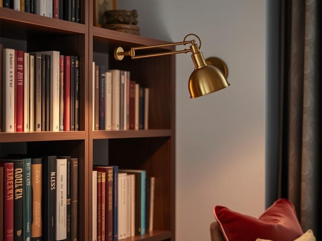 Wall-mounted swing arm lamp beside bookshelf