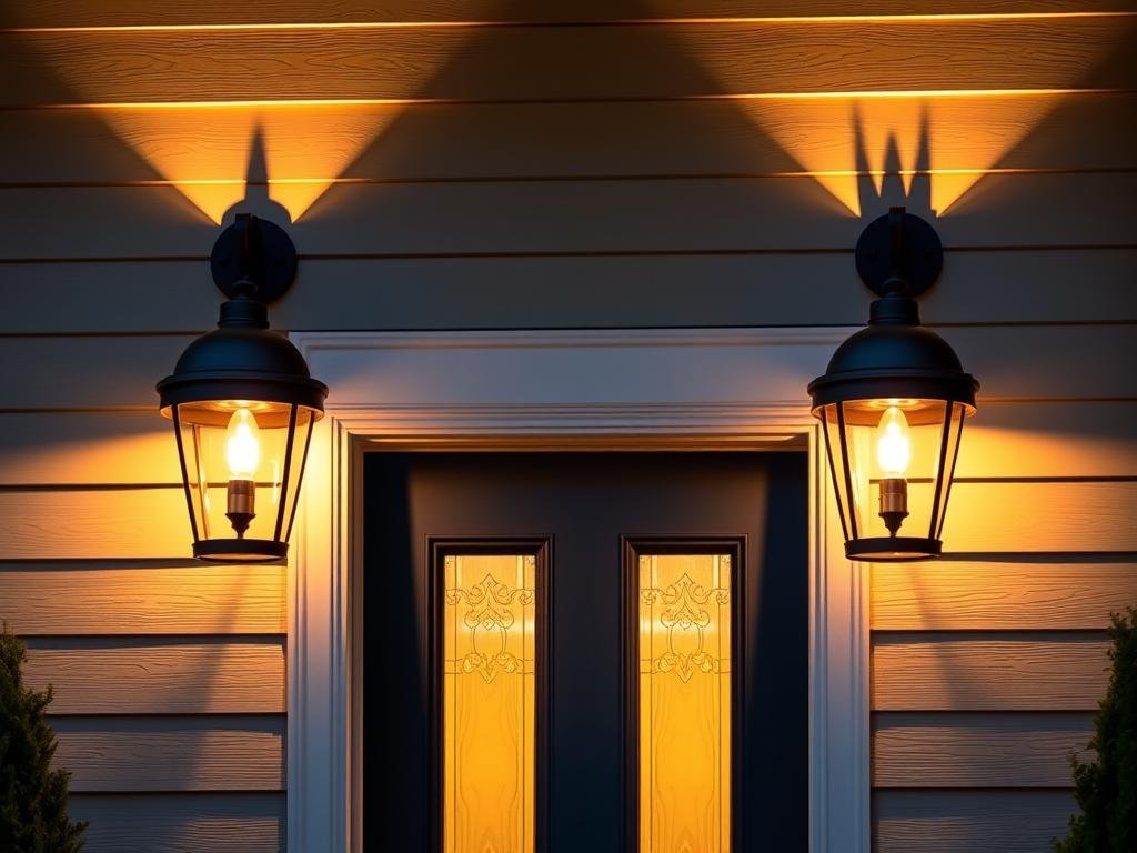 Wall sconces mounted on either side of a front door