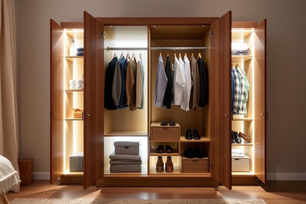 Wardrobe cabinet with interior lighting that activates when doors open