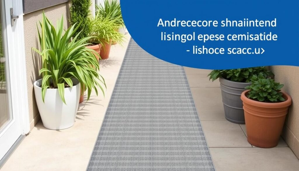Waterproof outdoor rug runner on narrow patio walkway