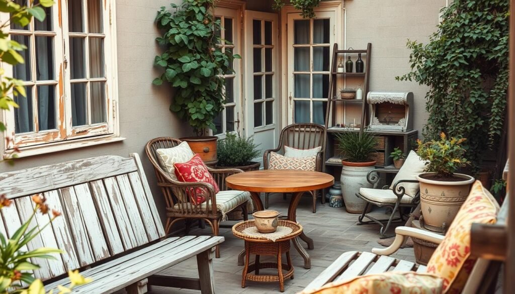 Weathered and imperfect elements creating authentic boho patio charm