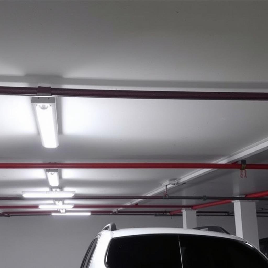 Well-lit garage parking area with overhead lighting