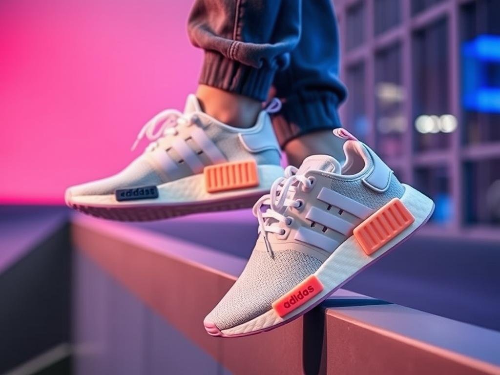 White Adidas NMD shoes with distinctive EVA plugs on the midsole, streetwear white adidas shoes