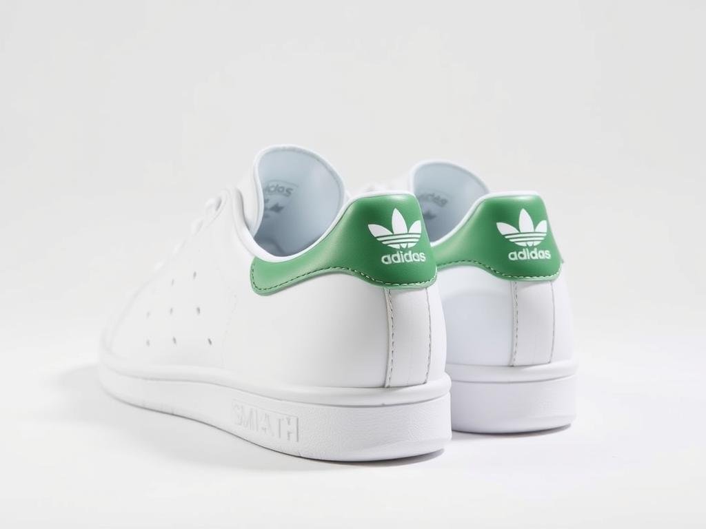 White Adidas Stan Smith shoes with green heel tab displayed on a clean background showing the classic white adidas shoes design