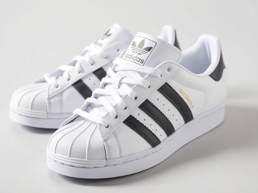 White Adidas Superstar shoes featuring the distinctive shell toe design and three stripes, classic white adidas shoes
