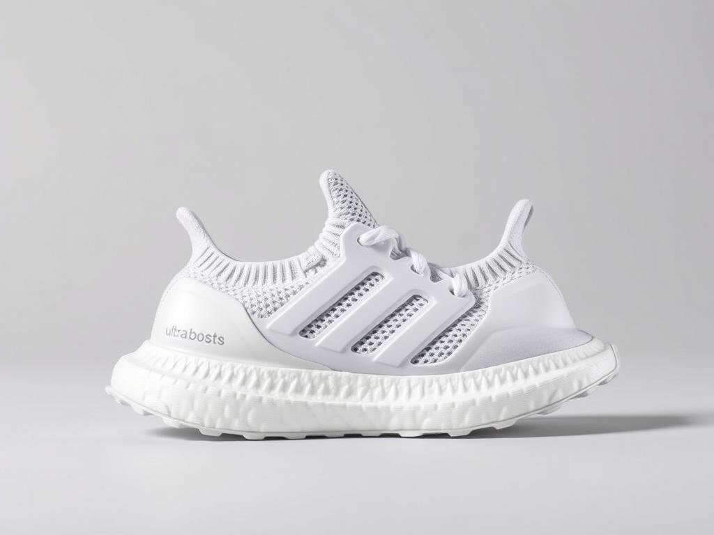 White Adidas Ultraboost shoes showing the Boost midsole technology and Primeknit upper, modern white adidas shoes