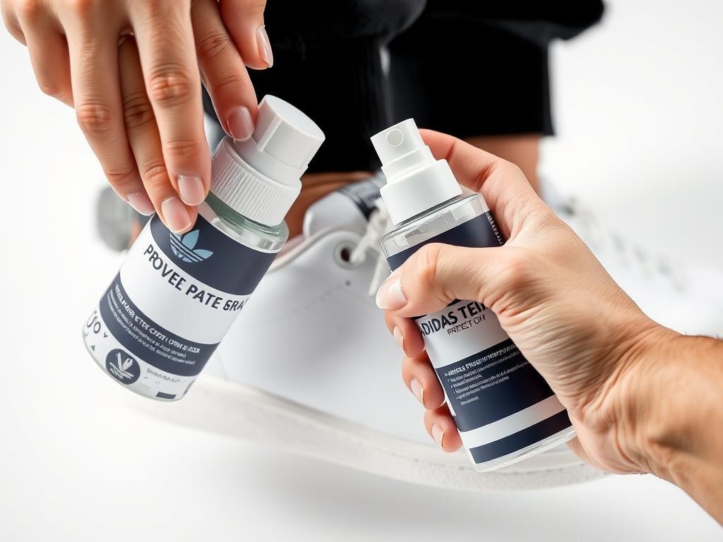 White Adidas shoes being treated with protective spray to prevent stains and maintain cleanliness of white adidas shoes