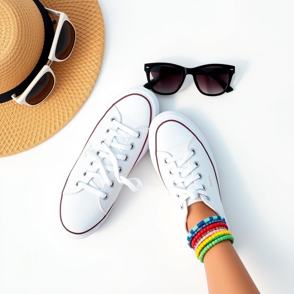 White canvas sneakers with summer outfit accessories