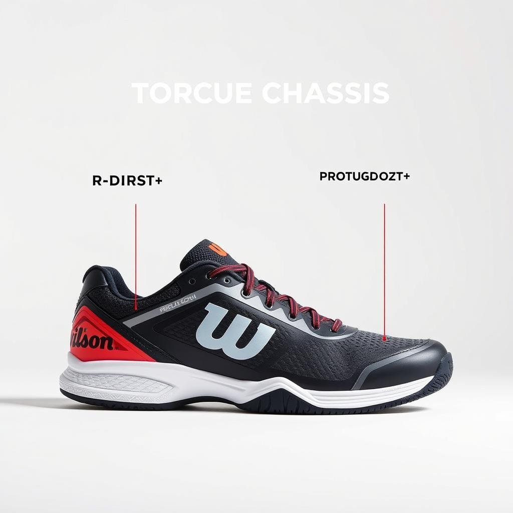 Wilson Rush Pro tennis shoes highlighting Pro Torque Chassis technology