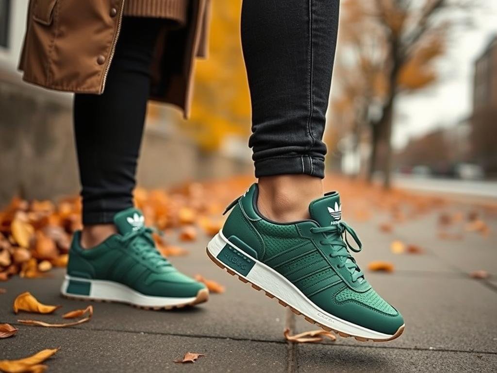 Winter outfit with green Adidas sneakers, jeans and layered tops