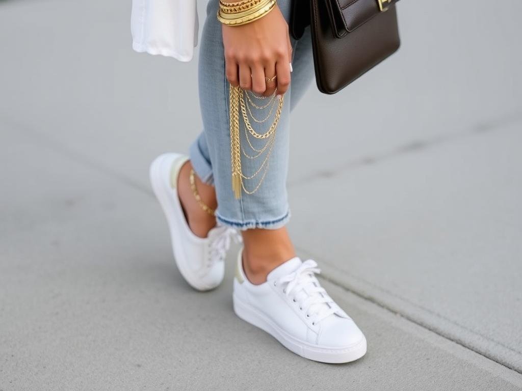 Woman accessorizing white tennis shoes outfit with jewelry and bag