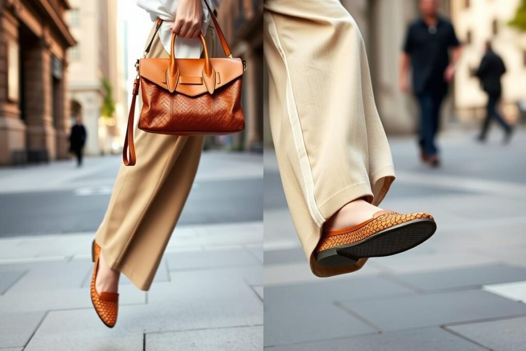Woman carrying Bottega Veneta Pouch bag coordinated with matching woven shoes for a complete bottega veneta shoes outfit